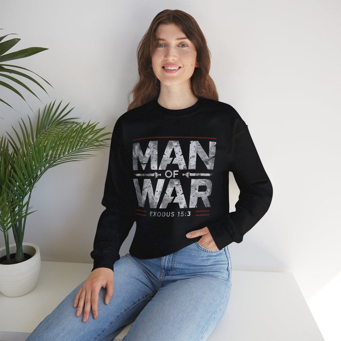 Man Of War Exodus 15:3 Unisex Heavy Blend™ Crewneck Sweatshirt, Silver Text