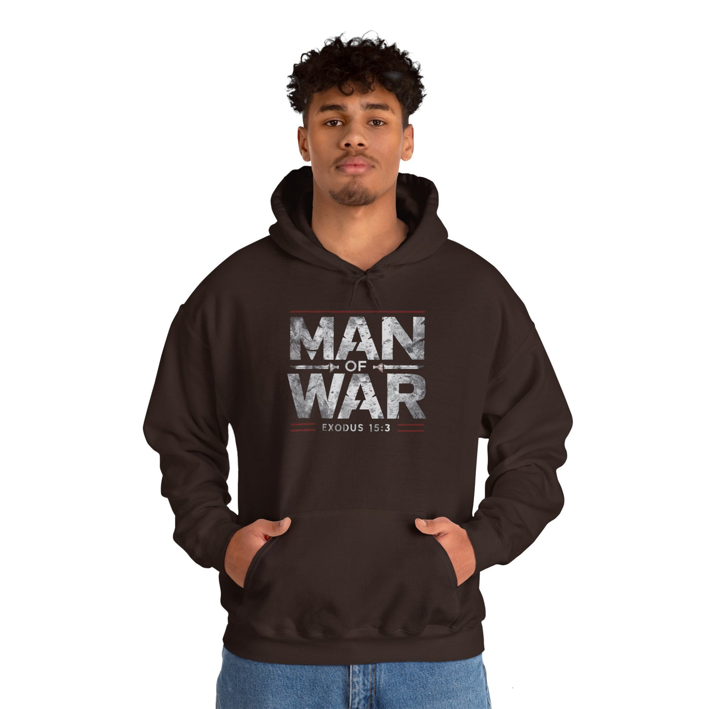 Man Of War Exodus 15:3 Unisex Heavy Blend™ Hooded Sweatshirt, Silver Texts