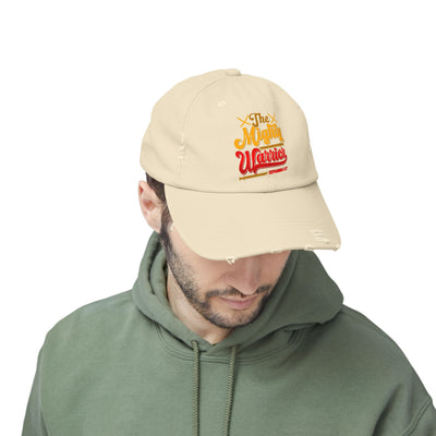The Mighty Warrior Zephaniah 3:17 Unisex Distressed Cap, Comic Design