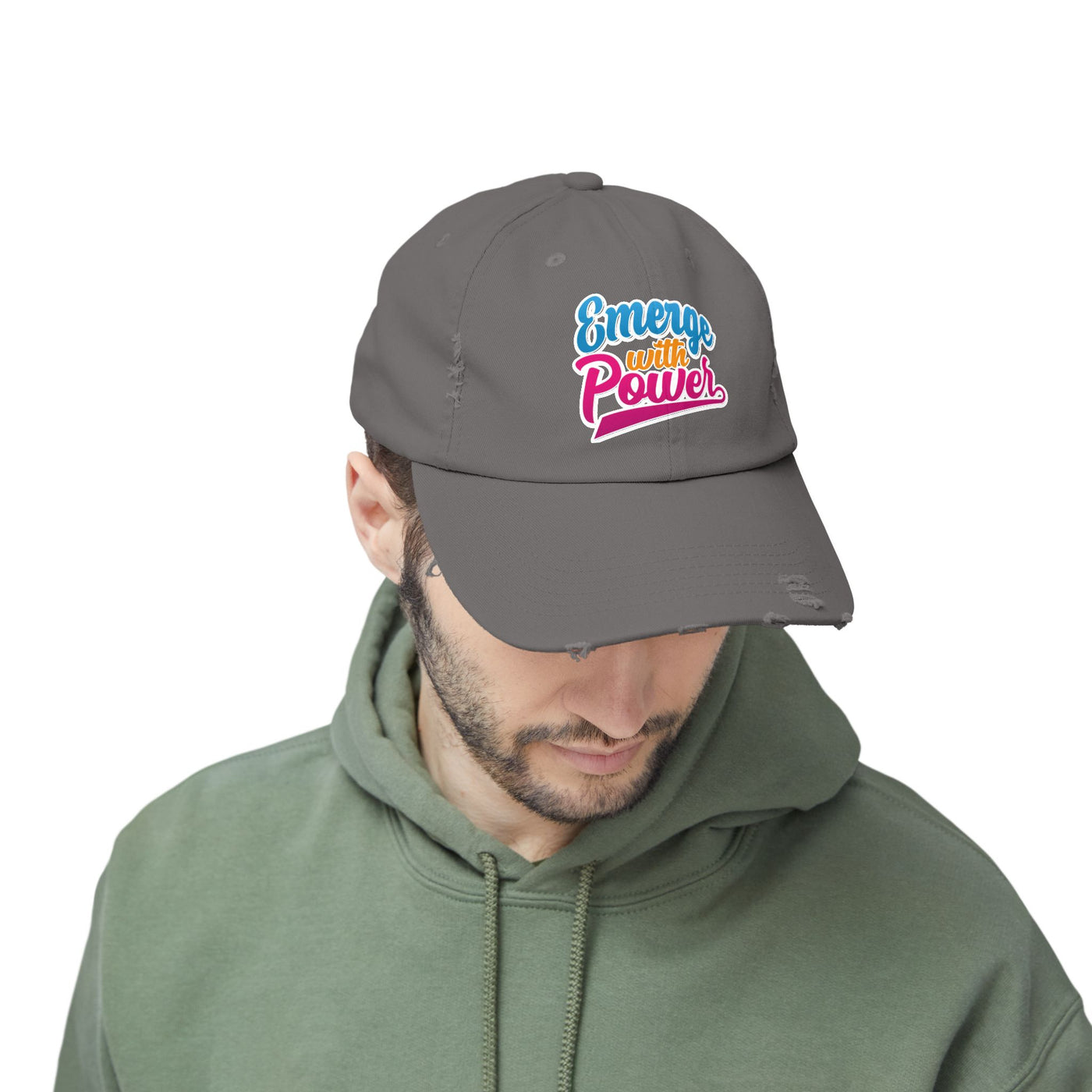 Emerge With Power Unisex Distressed Cap, Cartoon Design