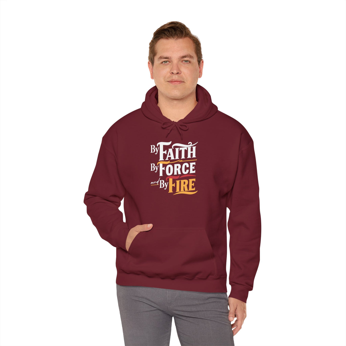 By Faith By Force By Fire Unisex Heavy Blend™ Hooded Sweatshirt, Aesthetic Design