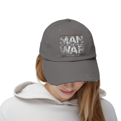 Man Of War Unisex Distressed Cap, Silver Text Design
