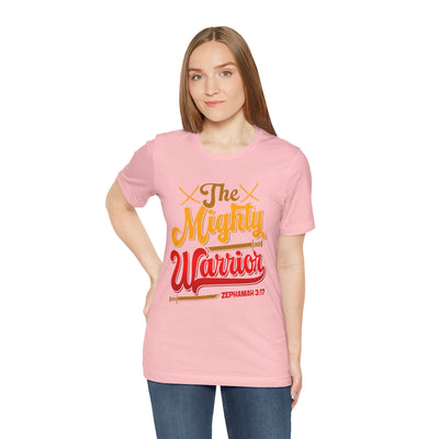 The Mighty Warrior Zephaniah 3:17 Unisex Jersey Short Sleeve Tee, Comic Design