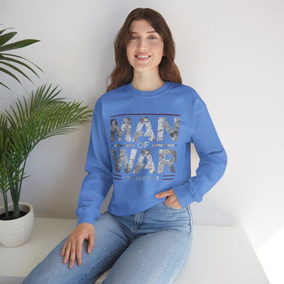 Man Of War Exodus 15:3 Unisex Heavy Blend™ Crewneck Sweatshirt, Silver Text