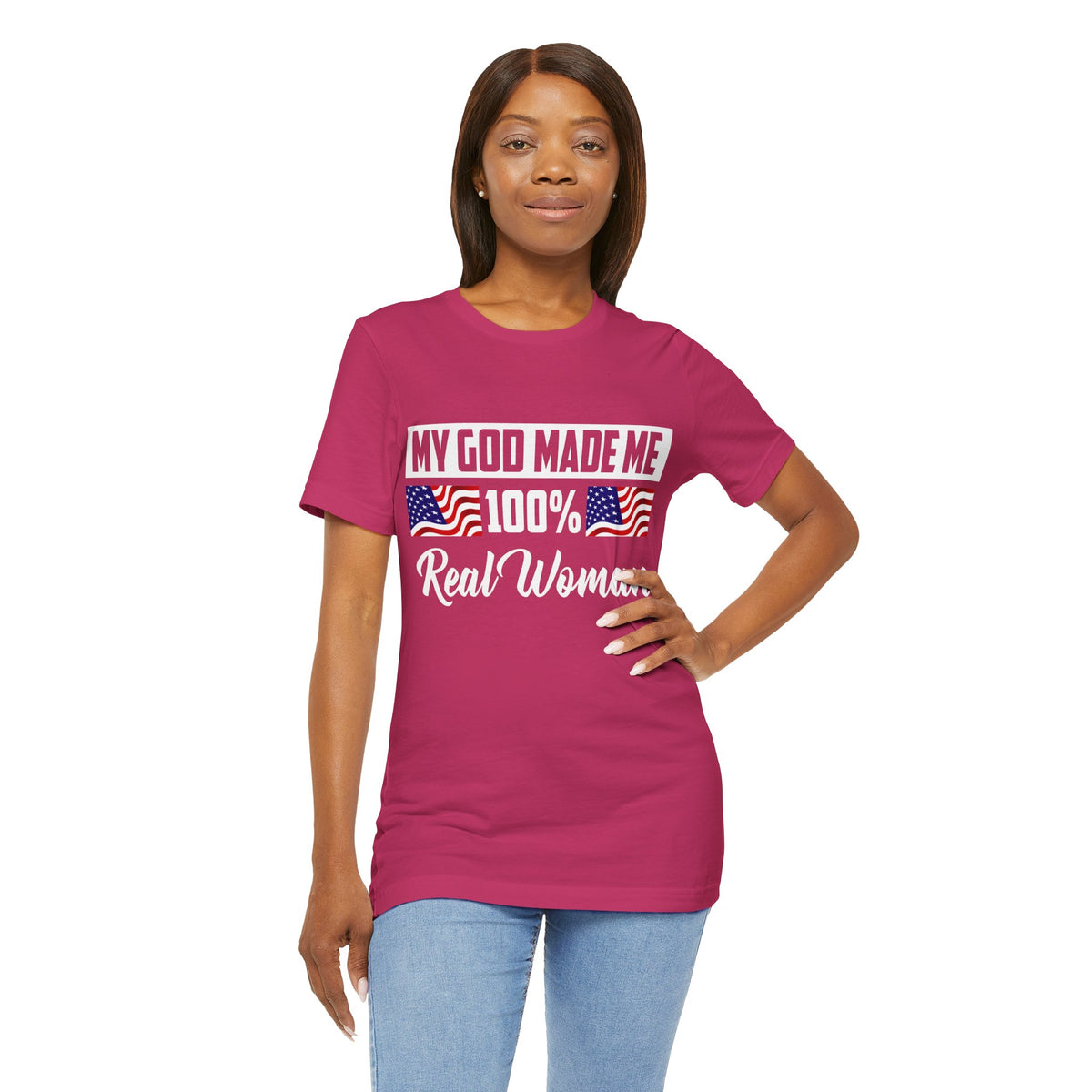 My God Made Me 100% Real Woman Jersey Short Sleeve Tee, American Flag Designs