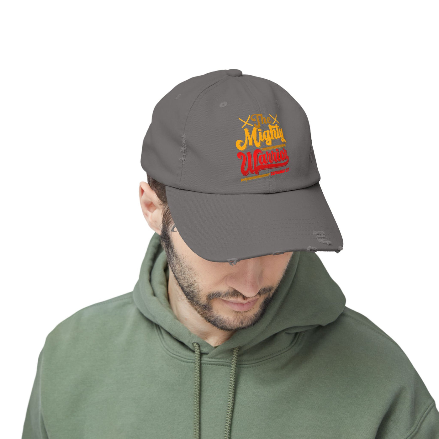 The Mighty Warrior Zephaniah 3:17 Unisex Distressed Cap, Comic Design