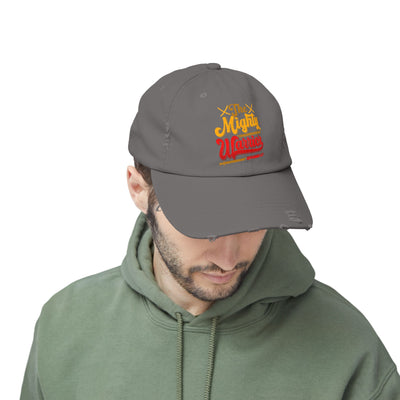 The Mighty Warrior Zephaniah 3:17 Unisex Distressed Cap, Comic Design