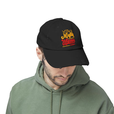 The Mighty Warrior Zephaniah 3:17 Unisex Distressed Cap, Comic Design