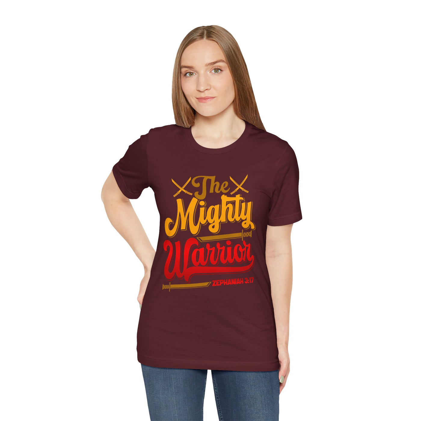 The Mighty Warrior Zephaniah 3:17 Unisex Jersey Short Sleeve Tee, Comic Design