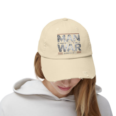 Man Of War Unisex Distressed Cap, Silver Text Design