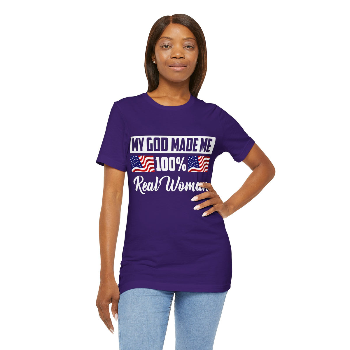 My God Made Me 100% Real Woman Jersey Short Sleeve Tee, American Flag Designs