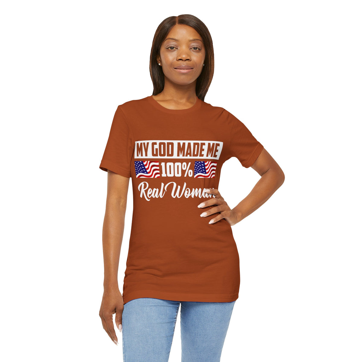 My God Made Me 100% Real Woman Jersey Short Sleeve Tee, American Flag Designs