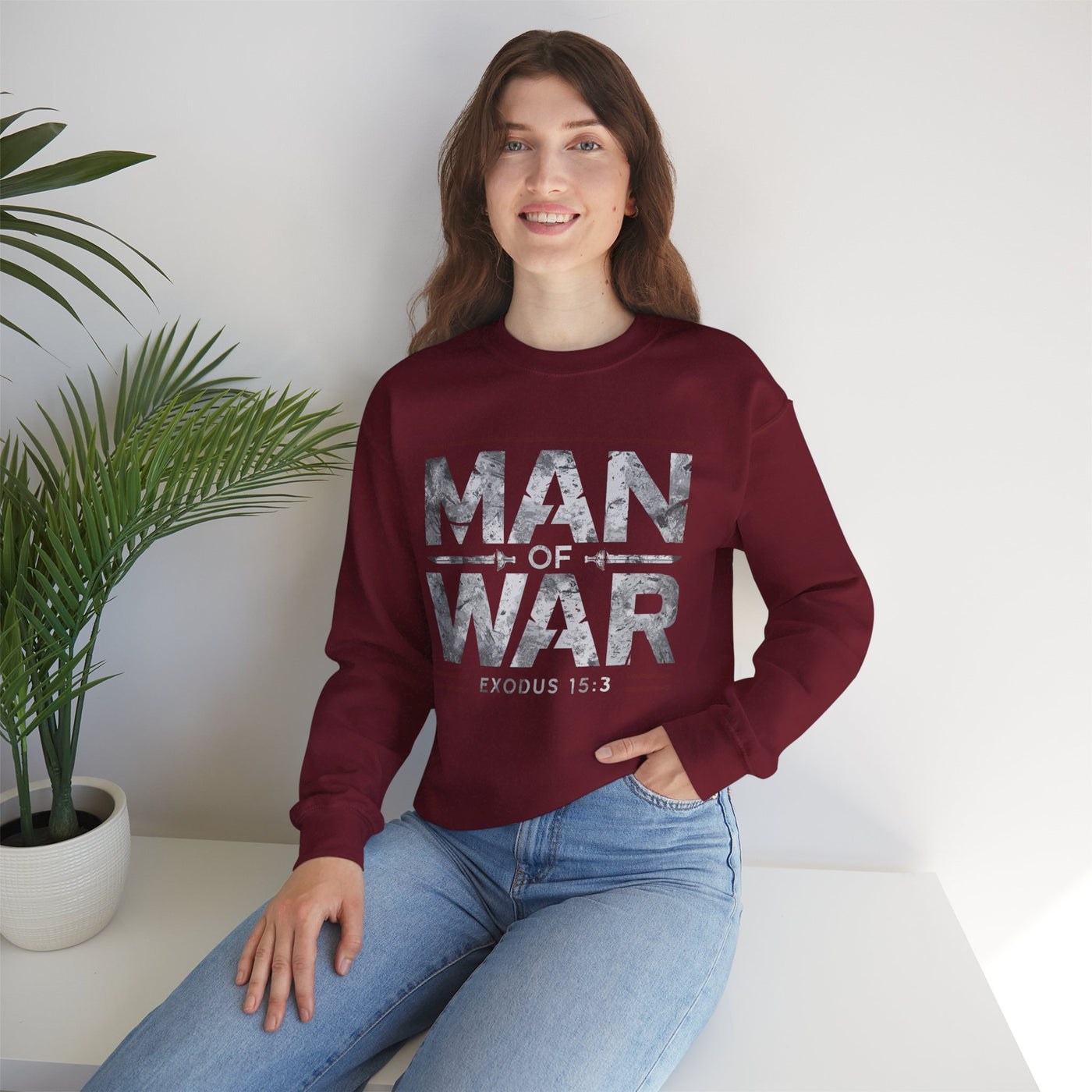 Man Of War Exodus 15:3 Unisex Heavy Blend™ Crewneck Sweatshirt, Silver Text