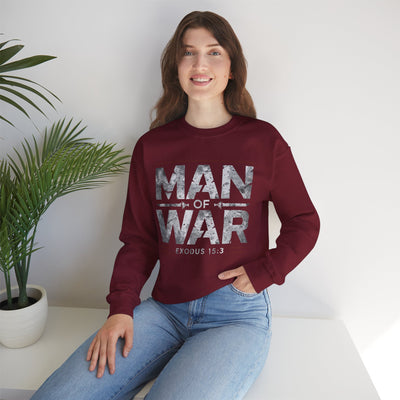Man Of War Exodus 15:3 Unisex Heavy Blend™ Crewneck Sweatshirt, Silver Text