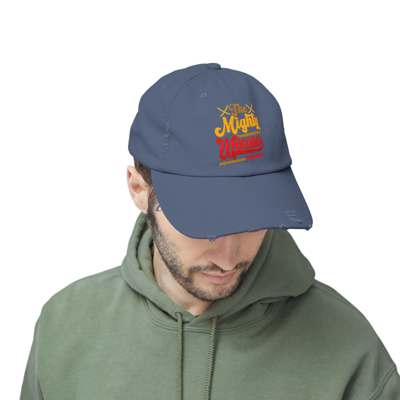 The Mighty Warrior Zephaniah 3:17 Unisex Distressed Cap, Comic Design