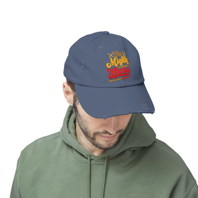 The Mighty Warrior Zephaniah 3:17 Unisex Distressed Cap, Comic Design