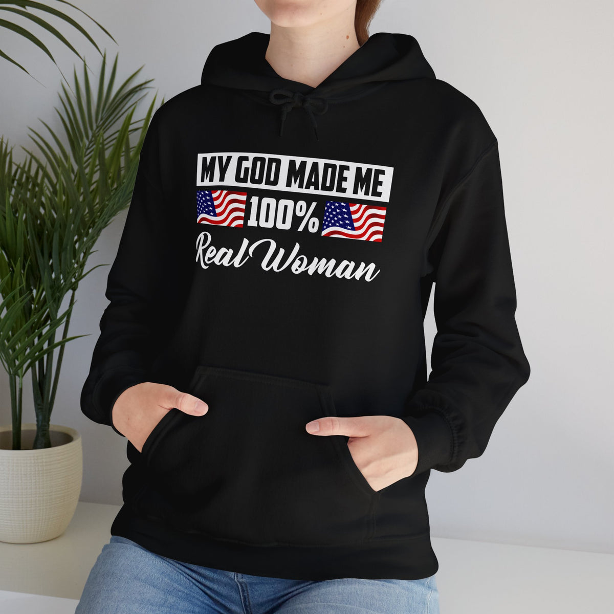 My God Made Me 100% Real Woman Heavy Blend™ Hooded Sweatshirt, American Flags