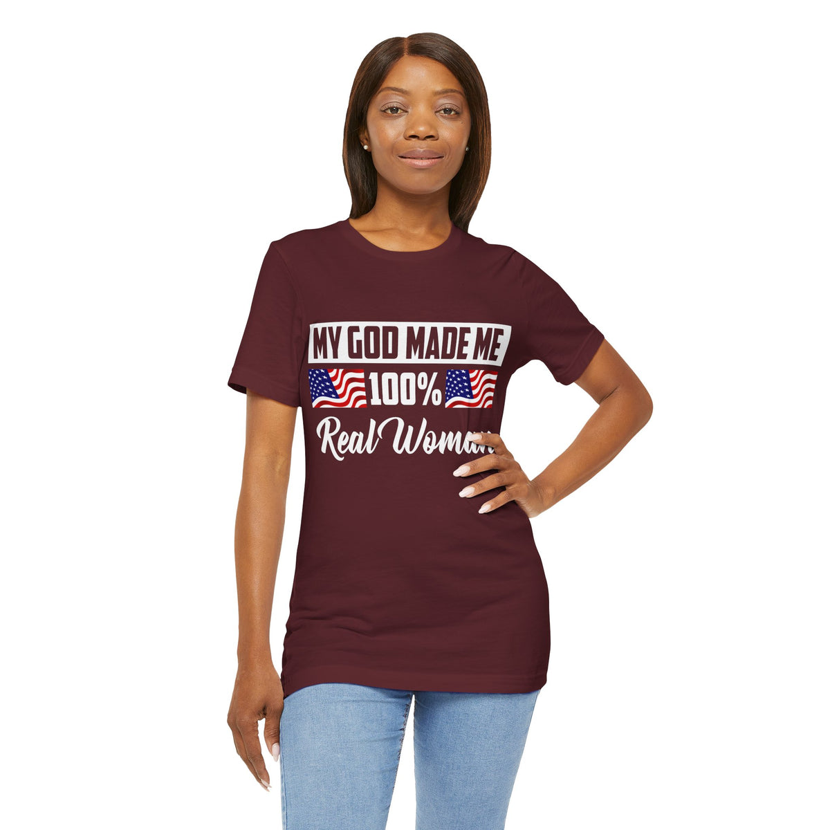 My God Made Me 100% Real Woman Jersey Short Sleeve Tee, American Flag Designs