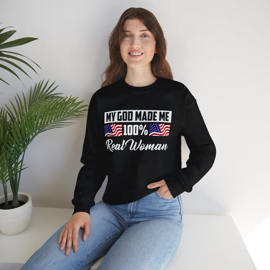 My God Made Me 100% Real Woman Heavy Blend™ Crewneck Sweatshirt, American Flags