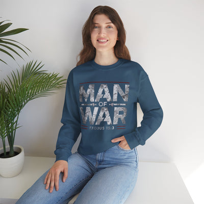 Man Of War Exodus 15:3 Unisex Heavy Blend™ Crewneck Sweatshirt, Silver Text