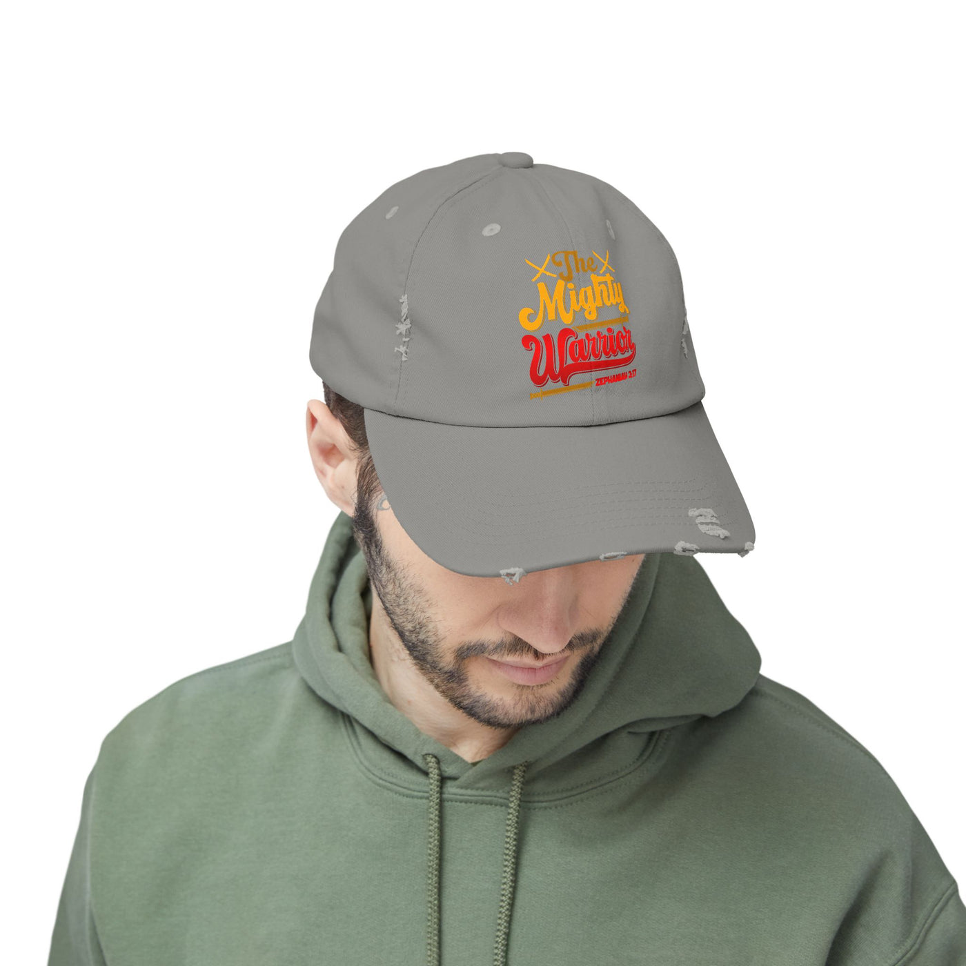 The Mighty Warrior Zephaniah 3:17 Unisex Distressed Cap, Comic Design