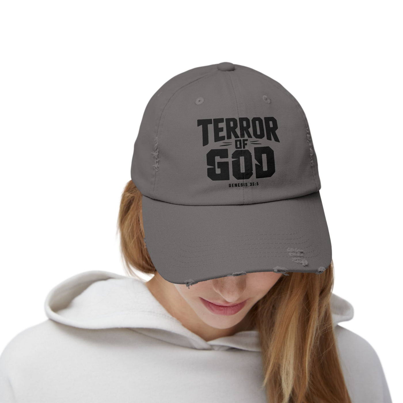 Terror Of God Genesis 35:5 Unisex Distressed Cap, Black Design