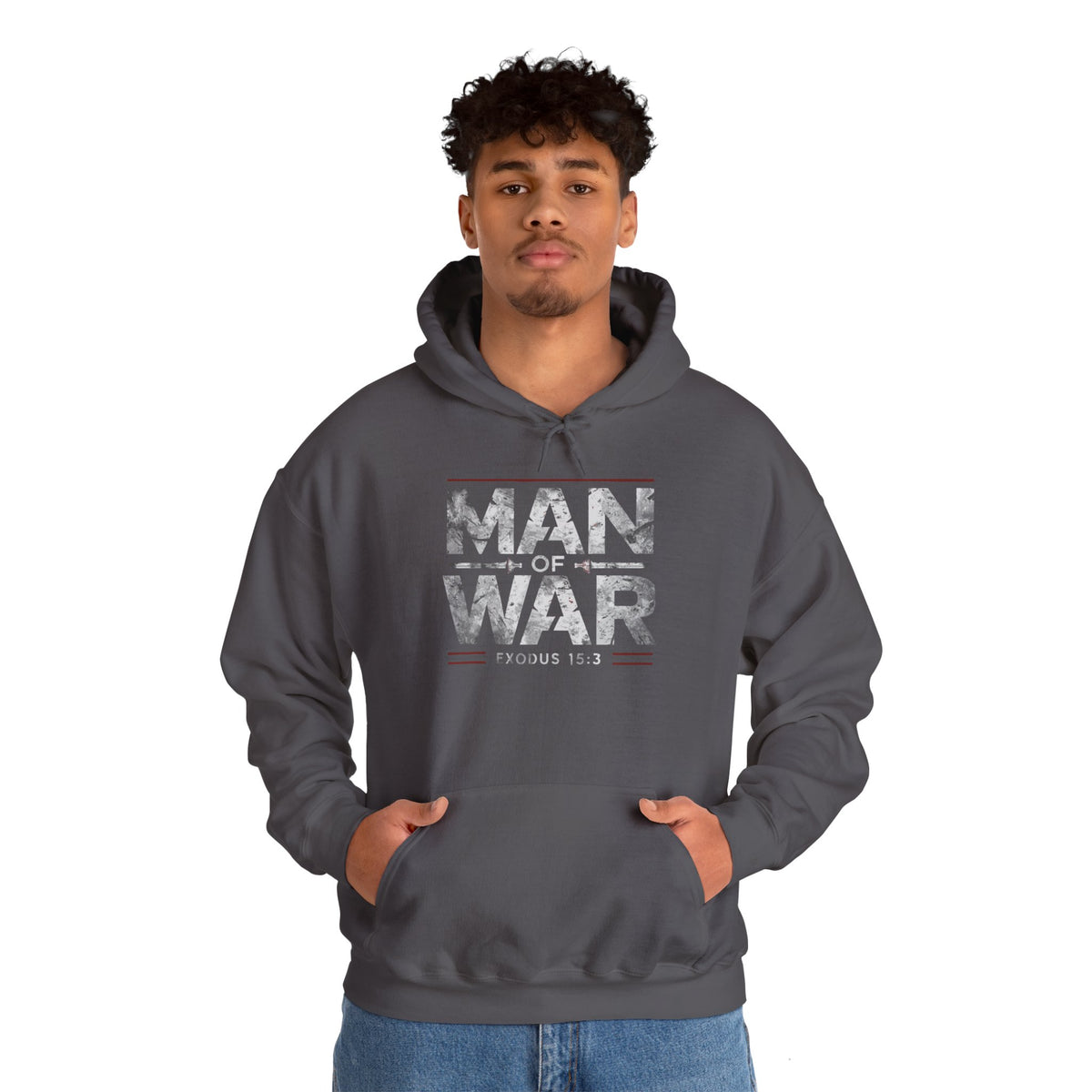 Man Of War Exodus 15:3 Unisex Heavy Blend™ Hooded Sweatshirt, Silver Texts