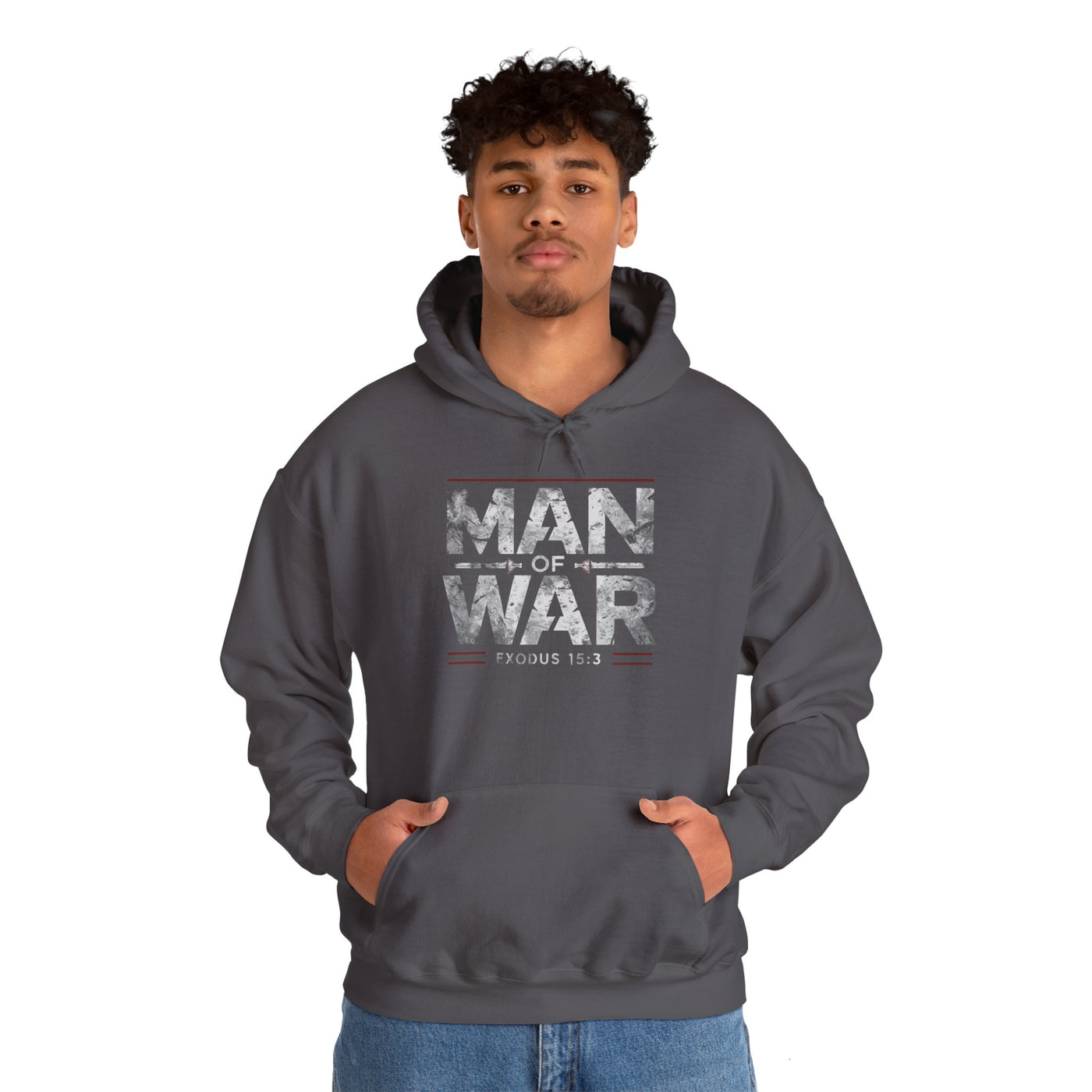 Man Of War Exodus 15:3 Unisex Heavy Blend™ Hooded Sweatshirt, Silver Texts