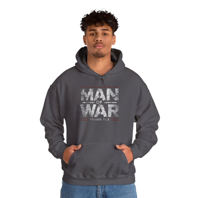 Man Of War Exodus 15:3 Unisex Heavy Blend™ Hooded Sweatshirt, Silver Texts