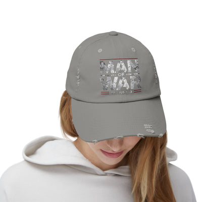 Man Of War Unisex Distressed Cap, Silver Text Design