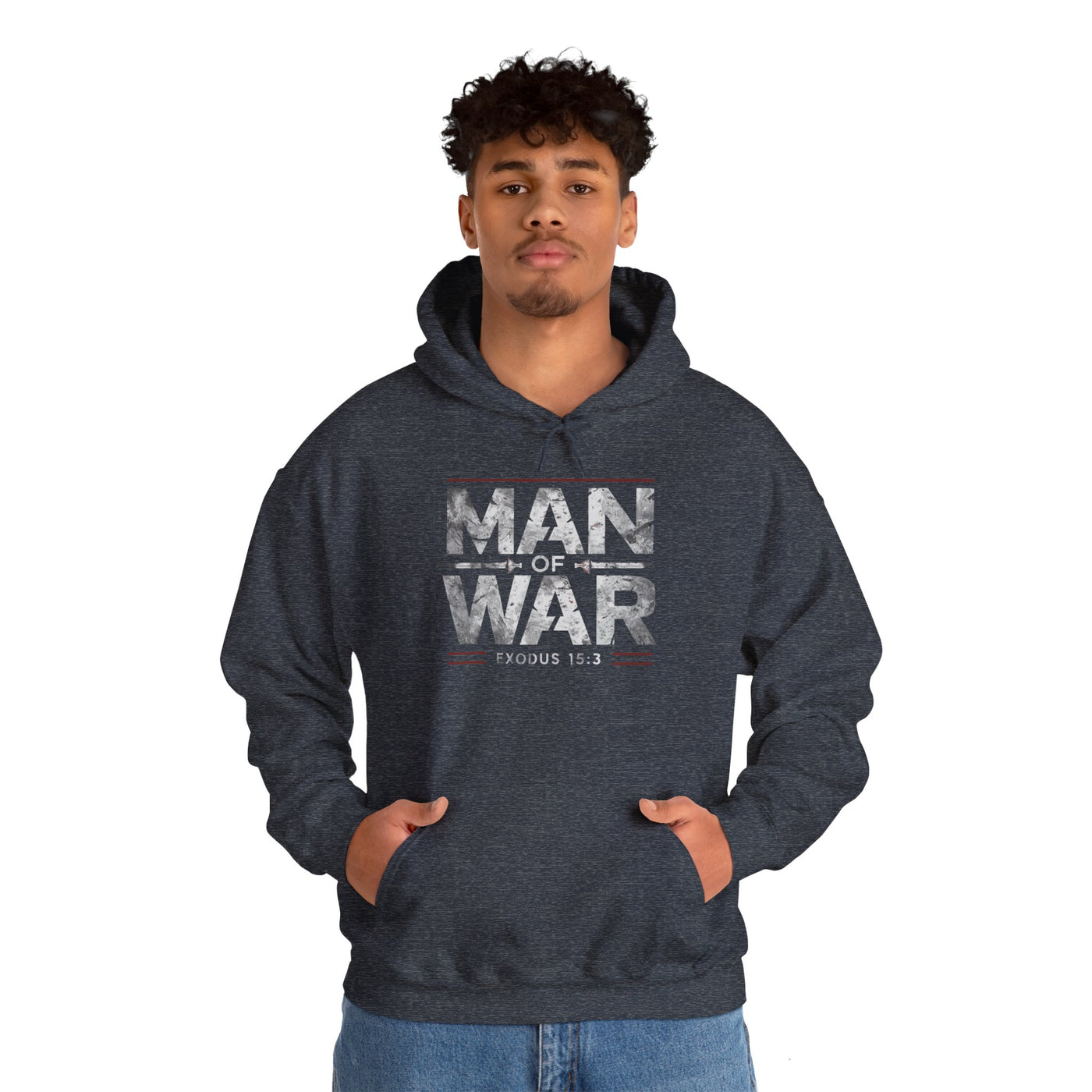 Man Of War Exodus 15:3 Unisex Heavy Blend™ Hooded Sweatshirt, Silver Texts