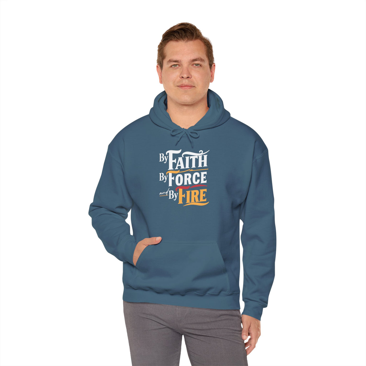 By Faith By Force By Fire Unisex Heavy Blend™ Hooded Sweatshirt, Aesthetic Design