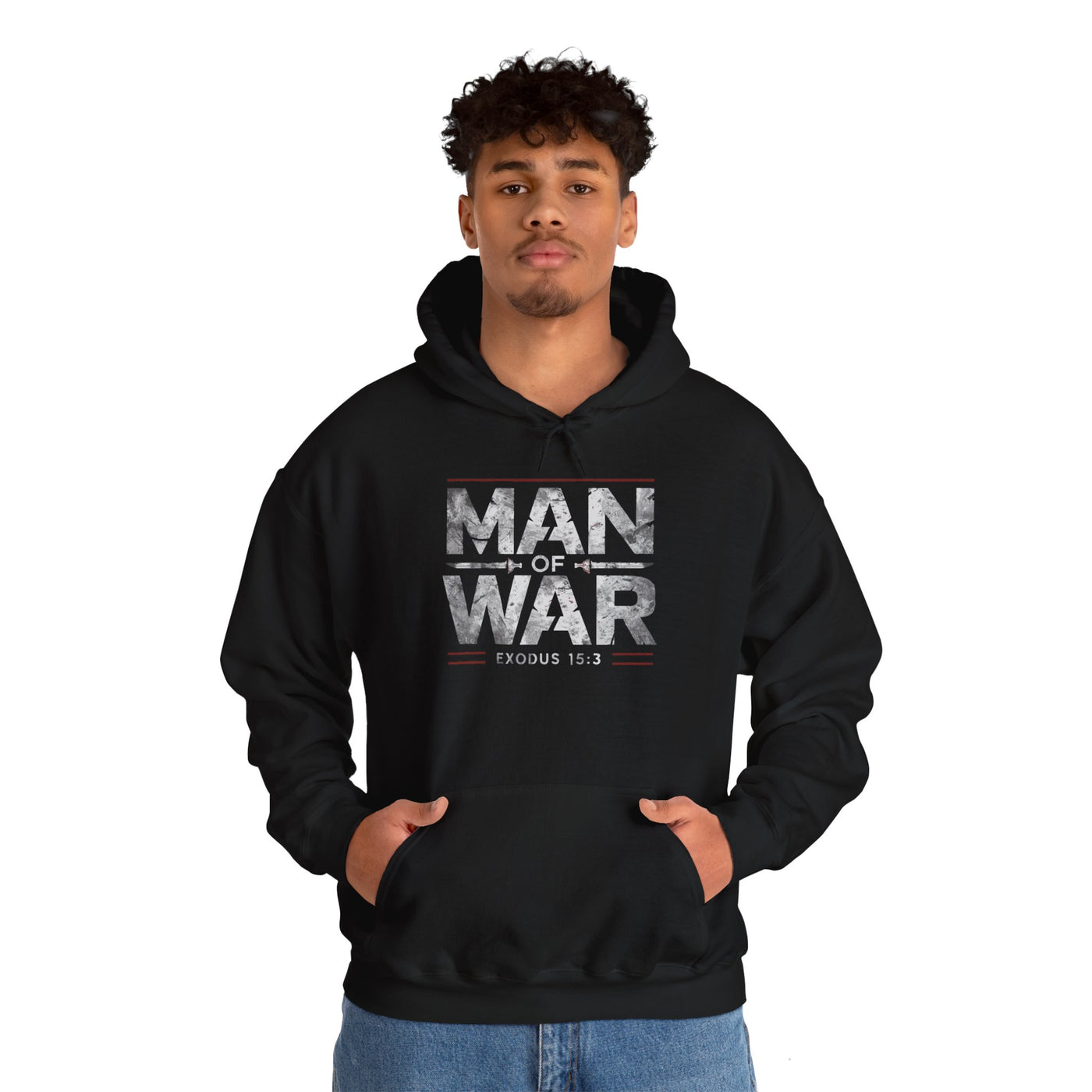 Man Of War Exodus 15:3 Unisex Heavy Blend™ Hooded Sweatshirt, Silver Texts