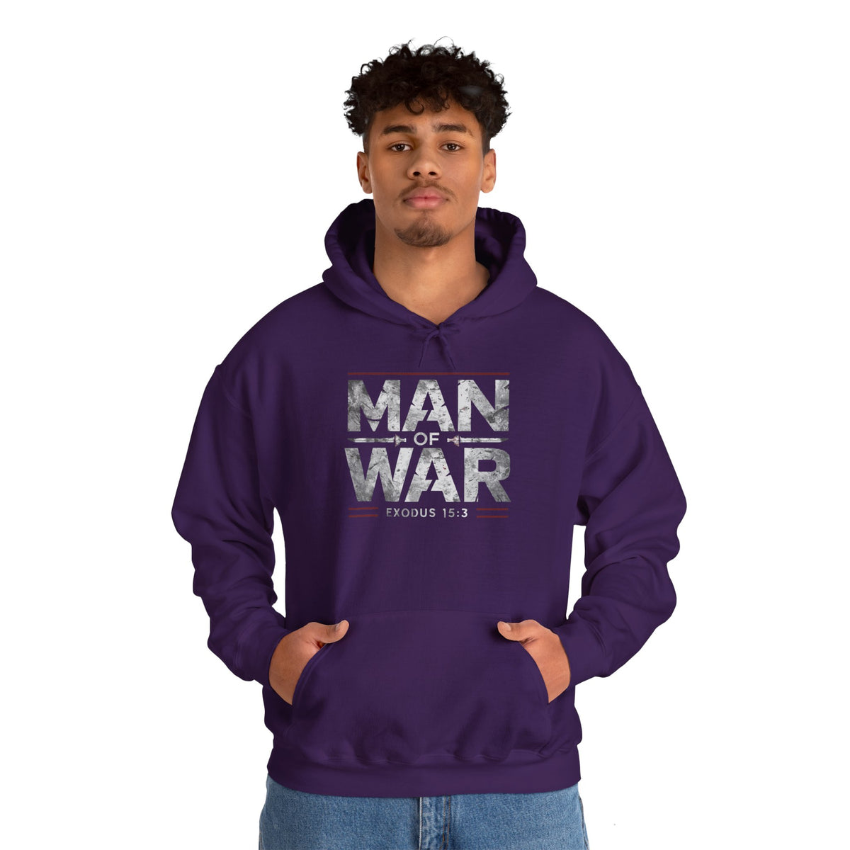 Man Of War Exodus 15:3 Unisex Heavy Blend™ Hooded Sweatshirt, Silver Texts