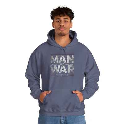 Man Of War Exodus 15:3 Unisex Heavy Blend™ Hooded Sweatshirt, Silver Texts