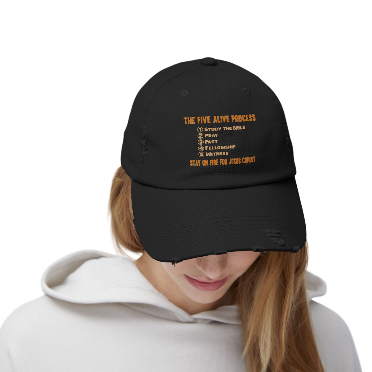The Five Alive Process Text Based Unisex Distressed Cap