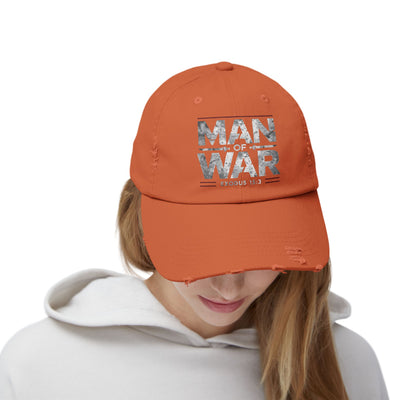 Man Of War Unisex Distressed Cap, Silver Text Design