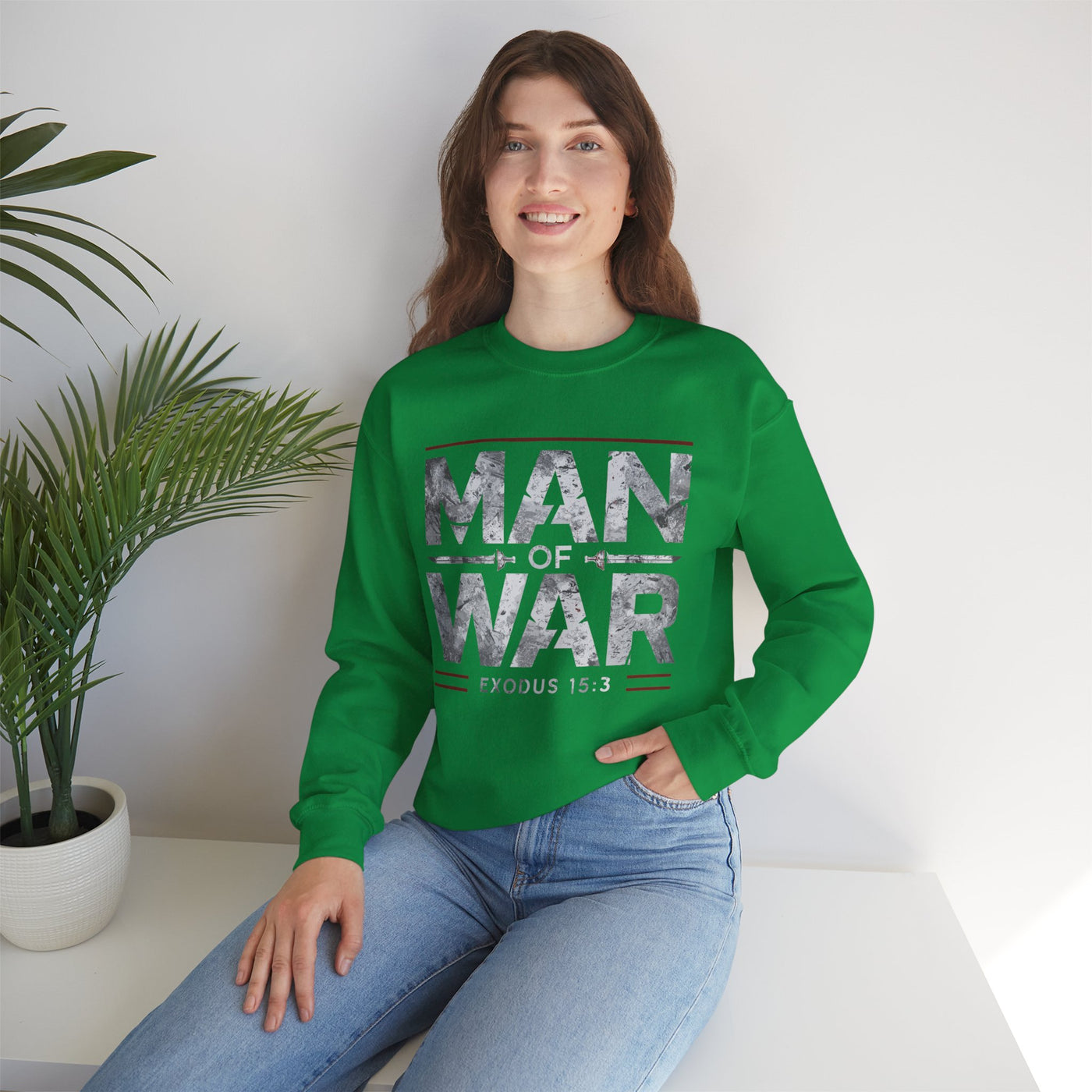 Man Of War Exodus 15:3 Unisex Heavy Blend™ Crewneck Sweatshirt, Silver Text