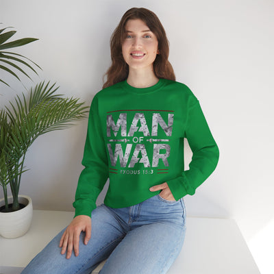 Man Of War Exodus 15:3 Unisex Heavy Blend™ Crewneck Sweatshirt, Silver Text