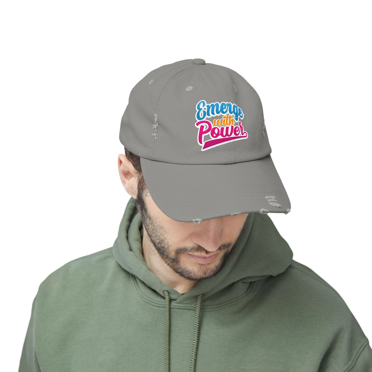 Emerge With Power Unisex Distressed Cap, Cartoon Design