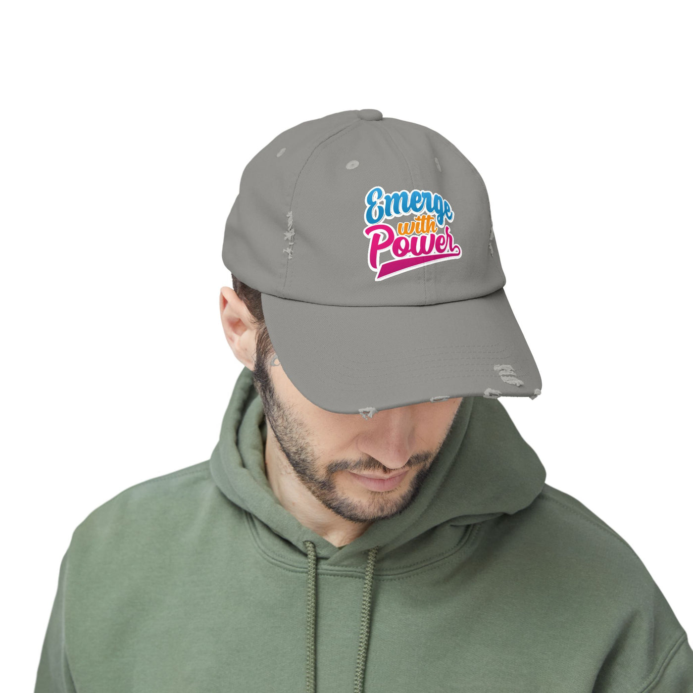 Emerge With Power Unisex Distressed Cap, Cartoon Design