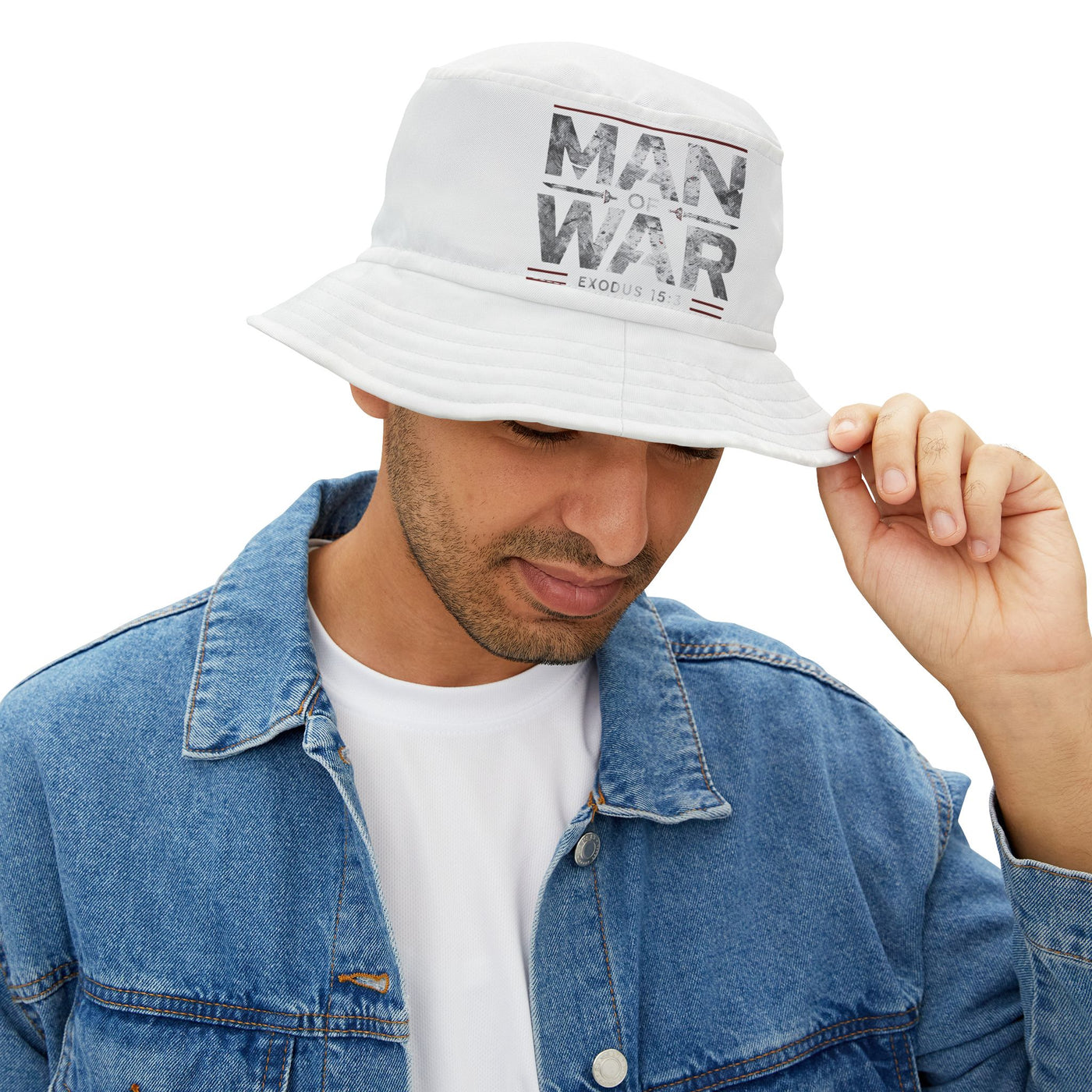 Man Of War Unisex Bucket Hat, Silver text