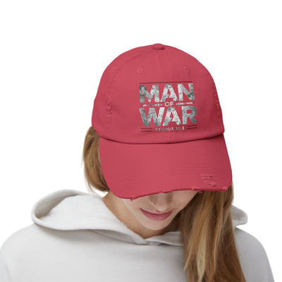 Man Of War Unisex Distressed Cap, Silver Text Design