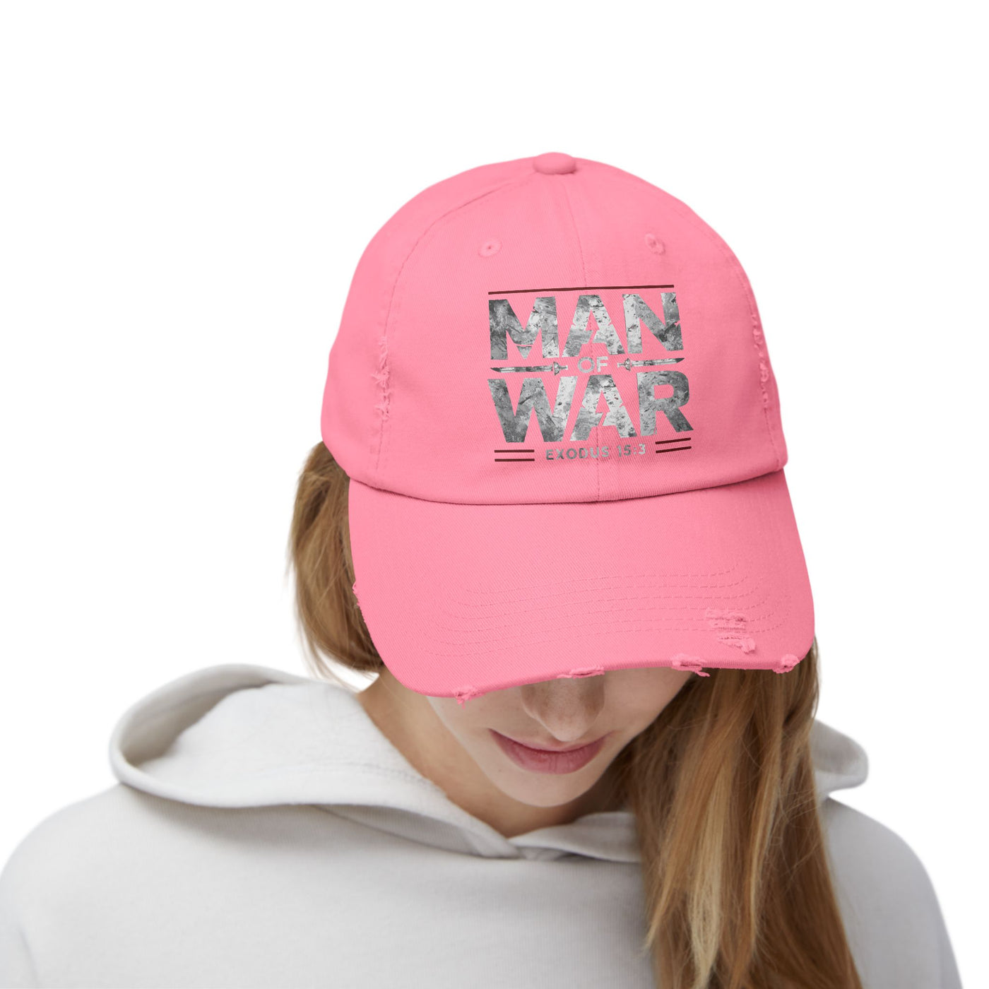 Man Of War Unisex Distressed Cap, Silver Text Design