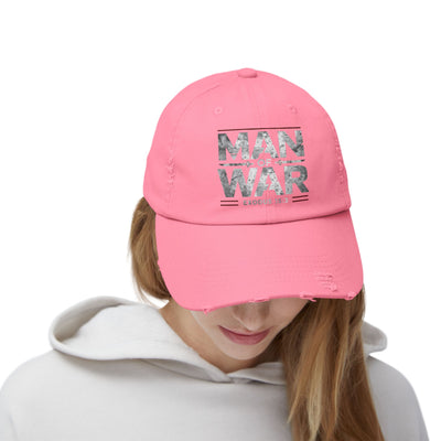 Man Of War Unisex Distressed Cap, Silver Text Design