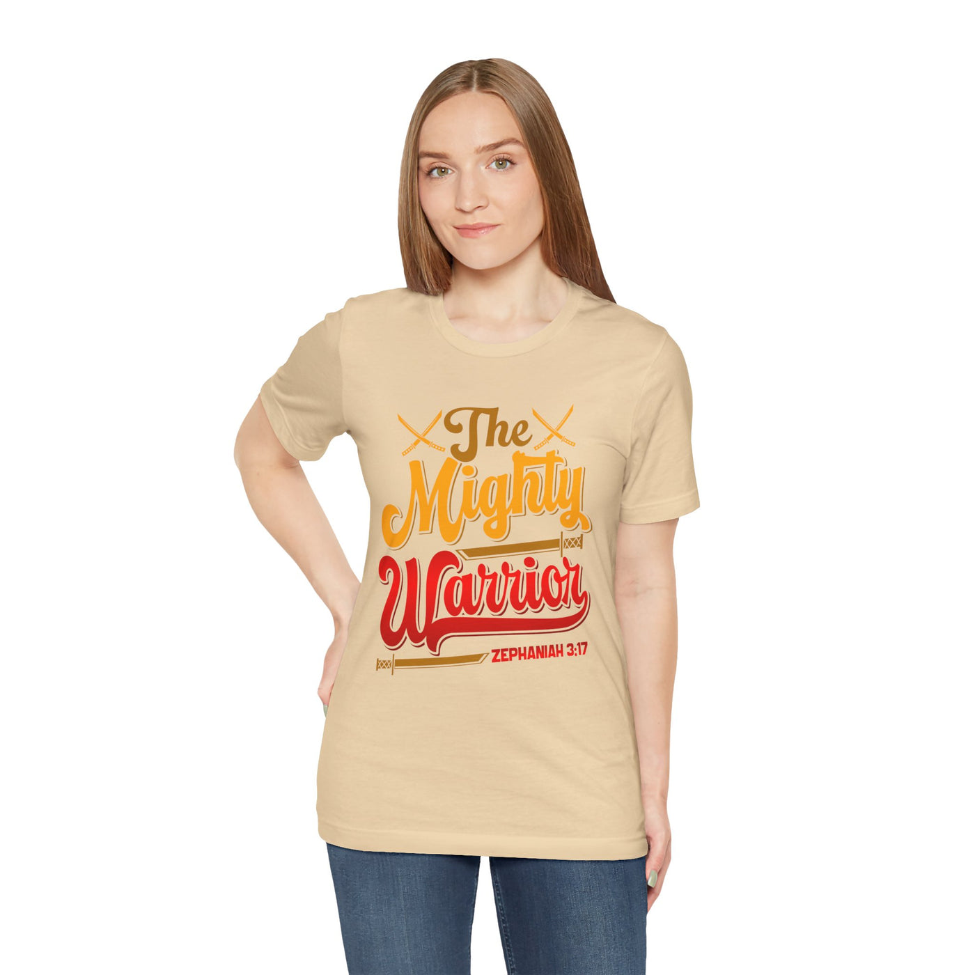 The Mighty Warrior Zephaniah 3:17 Unisex Jersey Short Sleeve Tee, Comic Design