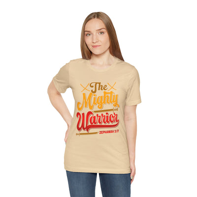The Mighty Warrior Zephaniah 3:17 Unisex Jersey Short Sleeve Tee, Comic Design