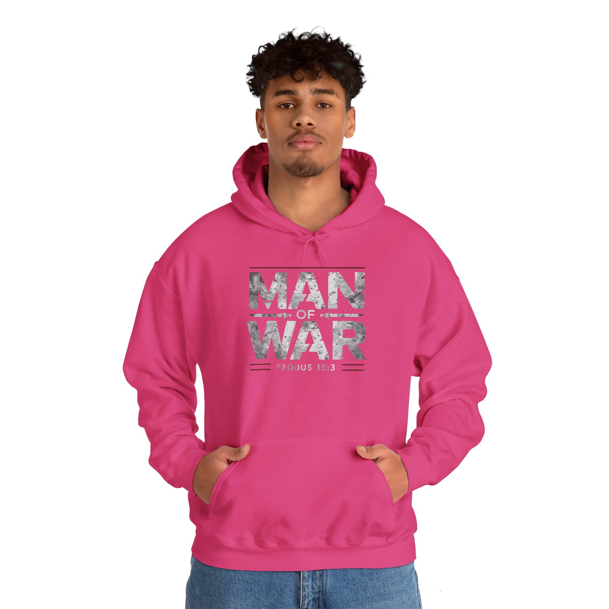 Man Of War Exodus 15:3 Unisex Heavy Blend™ Hooded Sweatshirt, Silver Texts