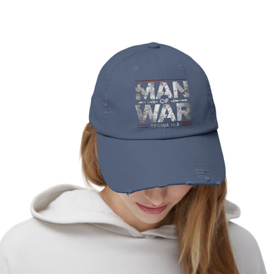 Man Of War Unisex Distressed Cap, Silver Text Design