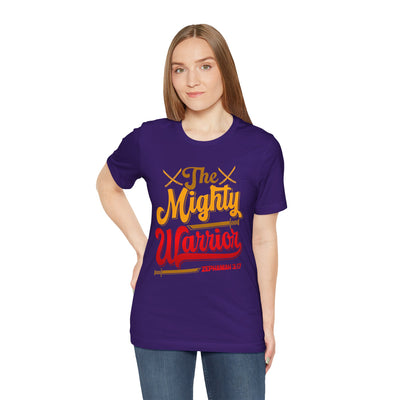 The Mighty Warrior Zephaniah 3:17 Unisex Jersey Short Sleeve Tee, Comic Design